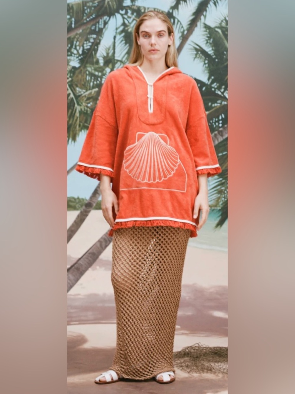 Scallop Beach Towel Top - Orange with White Trim and Shell Embroidered Pocket - Picture 2 of 16